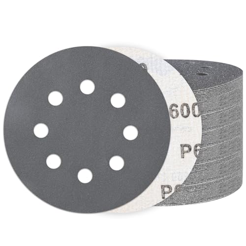 Image of 100PCS 5 Inch Sanding Discs 600 Grit, Wet Dry Hook and Loop Sandpaper | 8 Hole Silicon Carbide Round Sand Paper, Water and Oil Resistant, Orbital Sander for Wood Metal Automotive Polishing