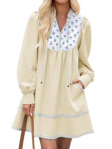 Image of Wenrine Womens Casual Floral Mini Dress Fall Long Sleeve V Neck Patchwork Loose Boho Shirt Dresses