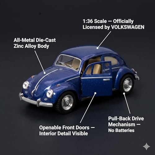 Image of Wizplex Kinsmart Volkswagen Beetle Classic 1:36 Scale Officially Licensed Die-Cast Metal Car Model - Pull-Back Action Openable Doors Vintage Collectible Toy