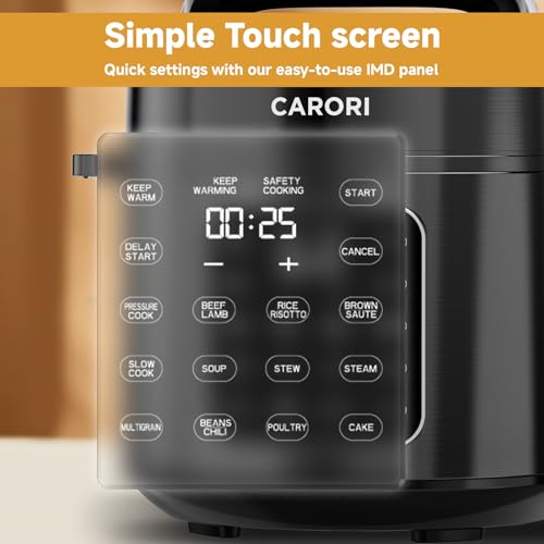 Image of CARORI 6 Qt Electric Pressure Cooker, 9-in-1 Multi-Cooker with 12 One-Touch Presets, IMD Touchscreen, Stainless Steel Inner Pot, 24H Delay Timer, 1000W Compact Pressure Cooker, Black
