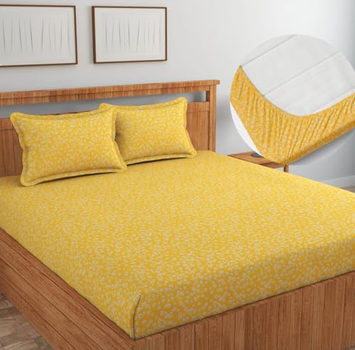 Image of NHD HOME Pure Cotton Full Elastic Fitted Bedsheets for Double King Size Bed with 2 Pillow Covers 210 TC Supersoft |Wrinkel Free Bed Cover Size - 72x78+10 inches, Yellow White