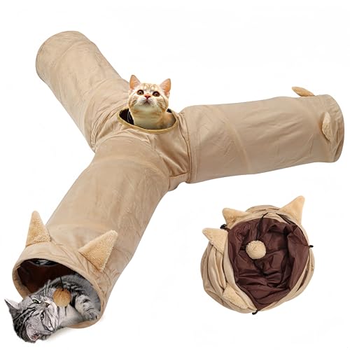 KUMORIJP 猫 トンネル 大型 トンネルペット用の おもちゃ トンネル ペット玩具, 猫トンネル ペット用品おもちゃ キャットトンネル 折りたたみ式3つのトンネル 子犬 うさぎ フェレットなど噛むおもちゃ ボールに付き