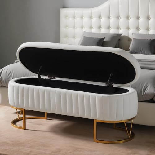 DRKAT Storage Bench Bedroom Bench, Velvet Oval Upholstered End of Bed Bench with Golden Metal Legs, 46” Modern Storage Ottoman Bench for Bedroom, Living Room, Entryway, Window, Ivory