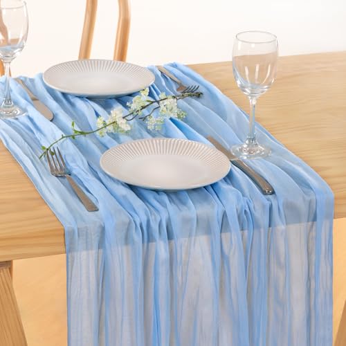 Image of MLMC 8 Pack Baby Blue Table Runner Blue Baby Shower Decorations 10ft Rustic Gauze Light Blue Cheesecloth Table Runner 35x120 Inches for Gender Reveal Birthday Wedding Party Decor