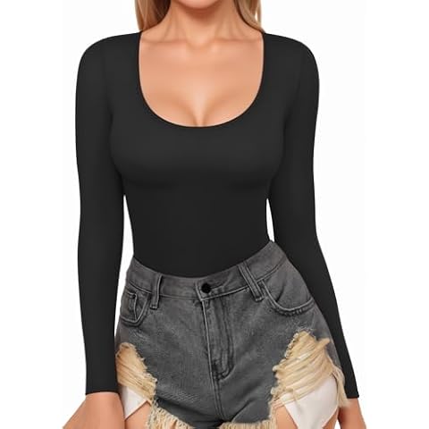 ALGALAROND Long Sleeve Shirts for Women Basic Scoop Neck Tops Ribbed Slim Fit T-Shirts Black Small Cover