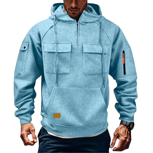 Quarter Zip Pullover Hoodies for Men Plus Size Weighted Work Tactical Hoodie Fleece Hooded Sweatshirt Multi Pockets