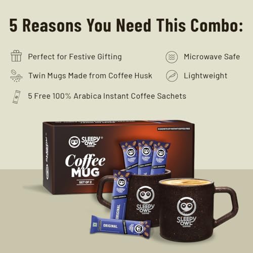 Image of Sleepy Owl Coffee Mugs Set of 2 (200ml) with 5 Free Coffee Sachets | Eco-Friendly & Sustainable Cup | Microwave Safe | 100% Arabica Coffee with Mug