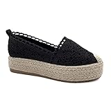 ANGKORLY - Scarpe Moda Espadrillas Zeppa Romantico Donna Merletto con Paglia Tacco Piatto 4 CM - Nero 20 YT190 T 37