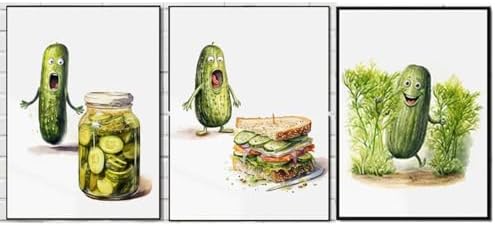 Claudeshop Funny kitchen Pickle Wall Art Decor Poster, Weird Vegetable Painting Prints for Bedroom Kitchen Office Canvas Wall Decor Mural Artwork 12x16in set 3pcs (Unframed) image 2