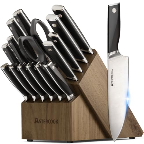 Astercook Knife Set, Kitchen Knives Set with Block and Sharpener Full Tang 17 Pcs German Stainless Steel Knives Sharp Blade Dishwasher Safe Premium Knife Set, Black Father Day Gifts for Men