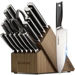 Astercook Knife Set, Kitchen Knives Set with Block and Sharpener Full Tang 17 Pcs German Stainless Steel Knives Sharp Blade Dishwasher Safe Premium Knife Set, Black Father Day Gifts for Men
