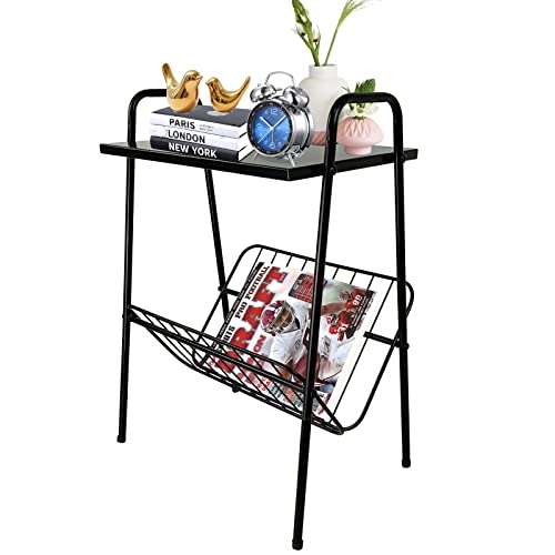 Jbikao End Table, Skinny Side Table With Magazine Holder, Vintage Nightstand, Record Player Stand With Storage, Bedside Tables For Living Room, Bedroom & Small Spaces, Metal, Black #TOP16