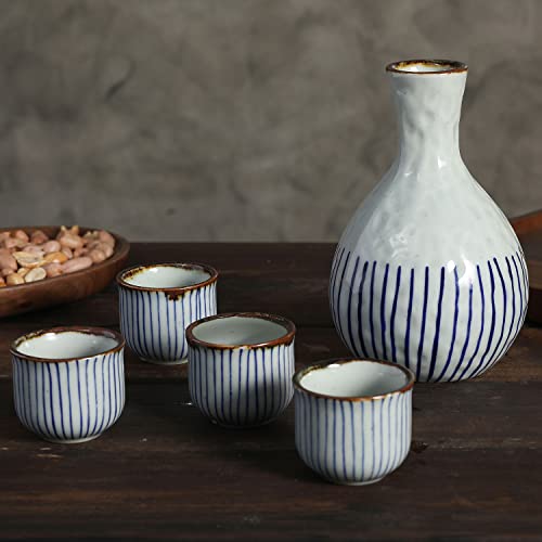 Mygift Traditional Japanese Blue Striped Ceramic 5 Piece Sake Set With Serving Carafe And 4 Drinking Cups #TOP2