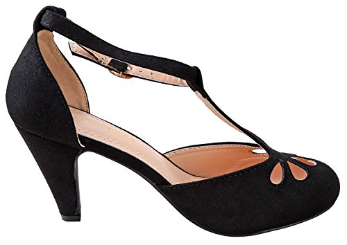 Chase & Chloe Kimmy-36 Women's Teardrop Cut Out T-Strap Mid Heel Dress Pumps (7, Black Nubuck)2