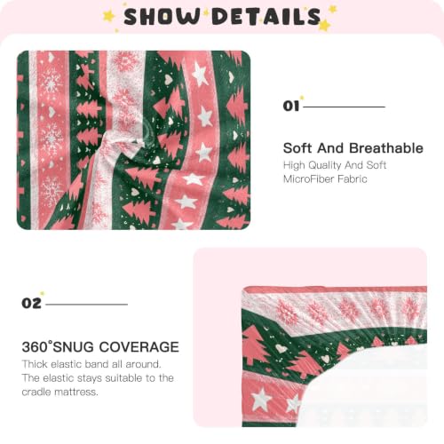 Image of Crib Sheet Breathable Soft Crib Mattress Sheet for Baby Toddler Boys Girls Fitted Pack n Play Crib Sheet Fit Standard Crib Mattress 39 x 27 Inch Christmas Stripe Trees Pink