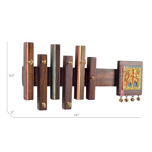 Image of AAKRITI ART CREATIONS Key Holder, Tribal Elegance Key Hanger | Rustic Wood Wall Organizer with 7 Hooks | New Home Gifts | Multifunctional Entryway Decor Item