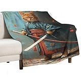 Samurai Cat Holding A Sword Blanket Anti Pilling FunnyJapanese Cat Throw Blankets Cozy Durable Blanket for Bedroom Living Rooms Couch Sofa Bed Home Decorations 50"x60"