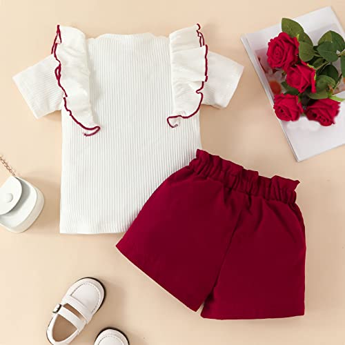 Camiseta infantil para meninas de manga curta com babados e nervuras, shorts, roupas para adolescent