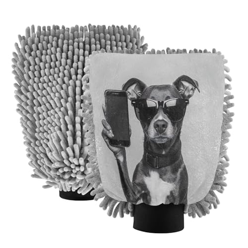 STAYTOP Cool Dog Car Wash Mitt Microfiber, 2Pcs Scratch Free Lint-Free, Premium Chenille Microfiber Mitt Car Wash Brush-L