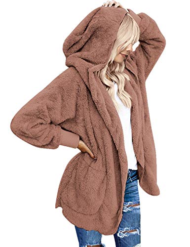 LookbookStore Womens Loose Solid Winter Open Front Hooded Draped Pocket Fleece Cardigan Fuzzy Outerwear Coat Dark Pink Size XL (Fit US 16 - US 18)