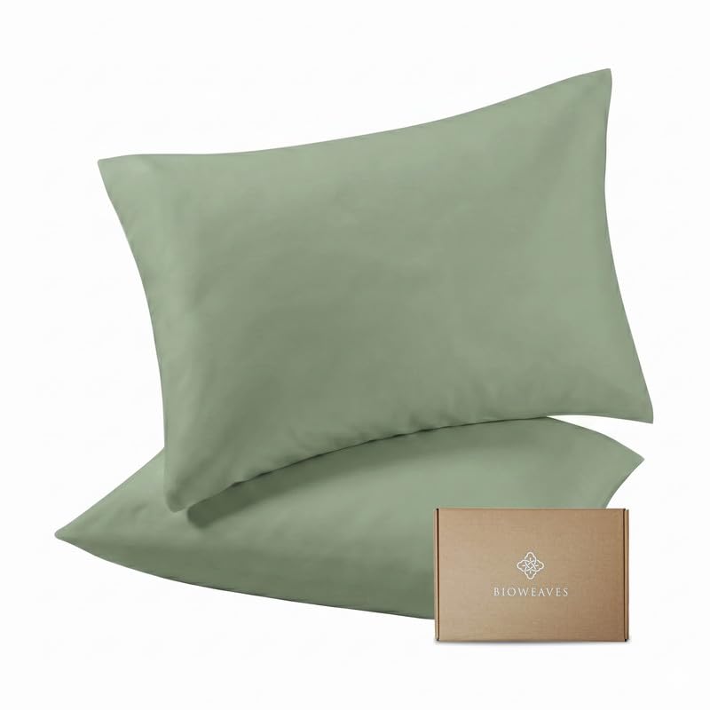 Bioweaves 100% Organic Cotton Pillow Cases - 50 x 75 cm | 300 Thread Count Luxe Sateen Weave, GOTS Certified | Standard Housewife Pillowcases with Envelope Closure | Basil, 2 Pack