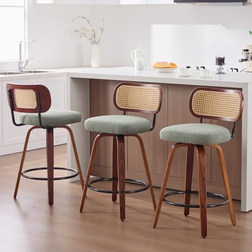 Image of Swivel Counter Height Bar Stools Set of 3, 26 inch Bar Chairs with Curved Rattan Back, Linen Upholstered Seat, Walnut Craftsmanship, Mid Century Modern Counter Stools for Kitchen Counter, Light Green
