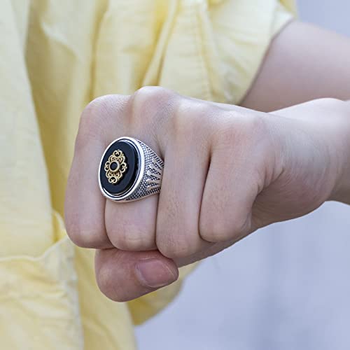Turkish Handmade Ottoman 925 Sterling Silver Black Onyx Stone Men's Ring with Jewelry Box,Black Agate Crown Carved Personality Ring,Fashionable Classic Design Handmade Jewelry, Festival Anniversary Birthday Gemstone Gift for Him (Size 8 to 12)3