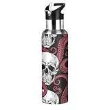 Skull Sea Octopus Tentacle Nautical Sport Water Bottle with Straw, Vacuum Insulated Stainless Steel