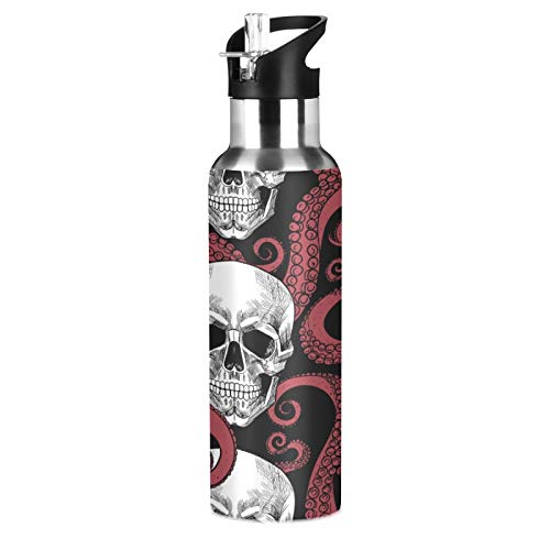 Skull Sea Octopus Tentacle Nautical Sport Water Bottle With Straw, Vacuum Insulated Stainless Steel Thermal Flask Leakproof Bpa Free Drinking Bottle For Gym Fitness Camping-20Oz/600Ml #TOP7