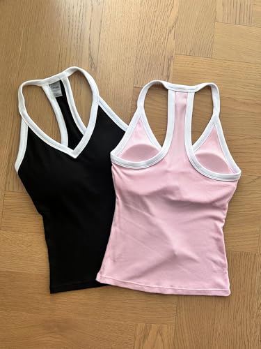 Image of Danysu V Neck Racer Back Tank Top for Women Padded Ribbed Long Tank Fitted Basic Cami Tops