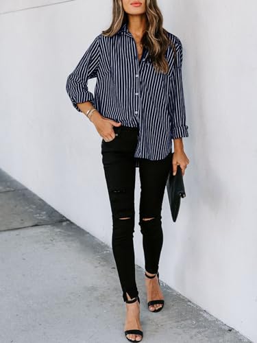 Image of siliteelon Striped Button Down Shirts Women Cotton Long Sleeve Work Blouses