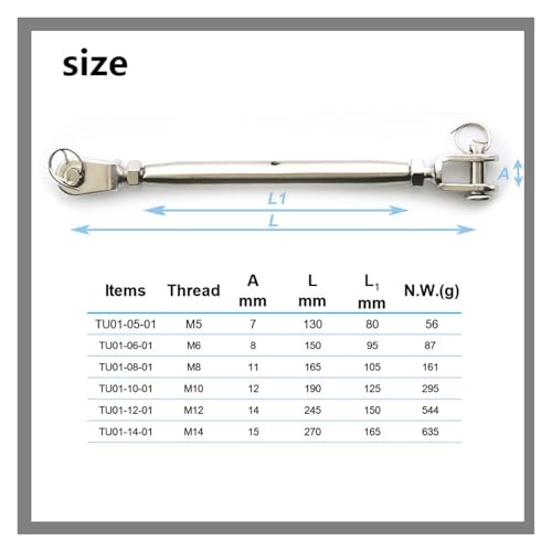 Tensores para Cables de Cuerpo Cerrado con Quijada Giratoria M8 de Acero Inoxidable 316 miniatura 2