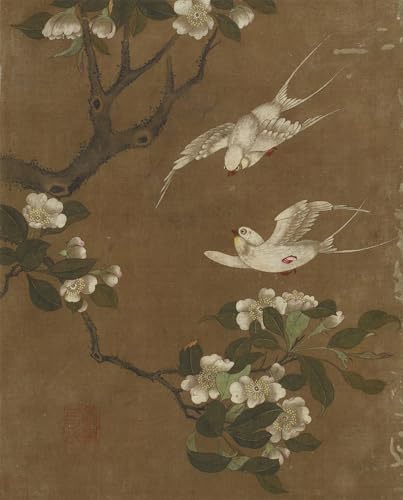 Peinture murale dix images d'oiseaux et de fleurs de style dynastie Ming en 60x90