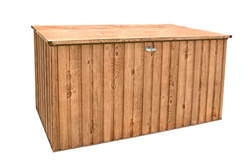 Duramax DH 1.9 Metal Cushion Box (1450 L) with Hydraulic Gas Cylinder & Padlock Eye, Outdoor Deck Box and Garden Furniture Organizer, Woodgrain & Brown Trimmings option