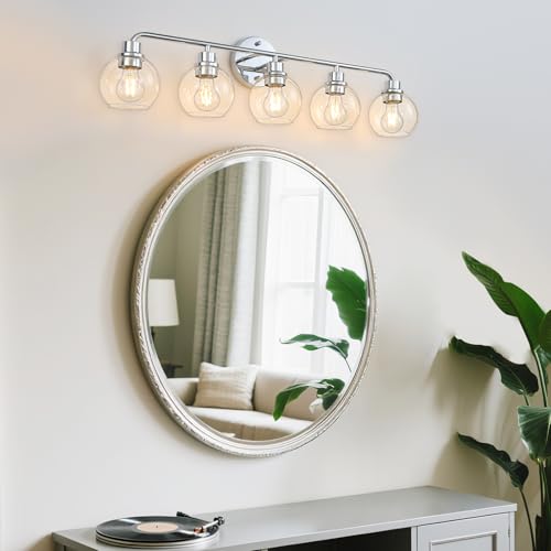 Image of Bathroom Light Fixtures Chrome Vanity Light Silver 5 Light Modern | Wall Sconces Lighting Bathroom Lights with Globe Glass Shades Bath Wall Lights for Mirror Kitchen Living Room Hallway 34.5 inch
