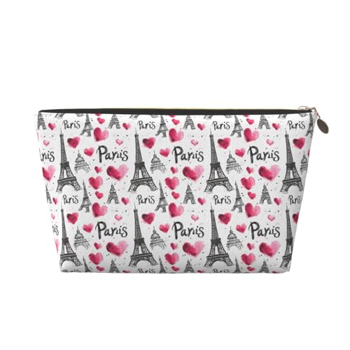 Eiffel Tower Love Print Makeup Bag, Cosmetic Travel Toiletry Bag for Women, Cute Leather Makeup Pouch Organizer