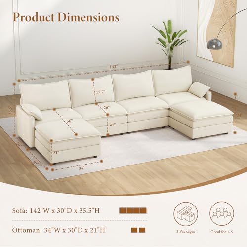 Image of Vesgantti 142 inch U Shaped Sectional Couch, Comfy Cloud Modular Sectional Sofa with 2 Ottoman Deep Seat Chenille Modern Cloud Sofa, Modular Sofas for Living Room, Bedroom and Apartment, Snow White