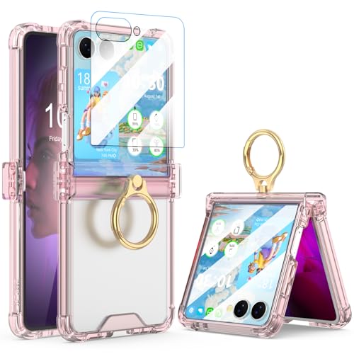 Galaxy Z Flip 7 Case with Screen Protector Hinge Protection Clear for Samsung Flip 7 Case with Kickstand Protective Cover for Samsung Galaxy Z Flip 7 5G (2025) - Clear Pink