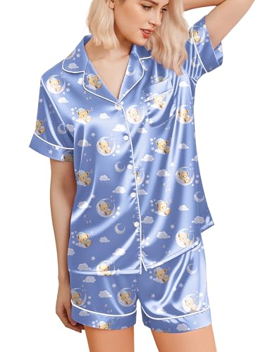 Image of Ekouaer Silk Pajamas for Women Funny Teddy Sleepwear Comfy Short Sleeve Button Down Loungewear Satin Pjs Shorts Set,Blue,M