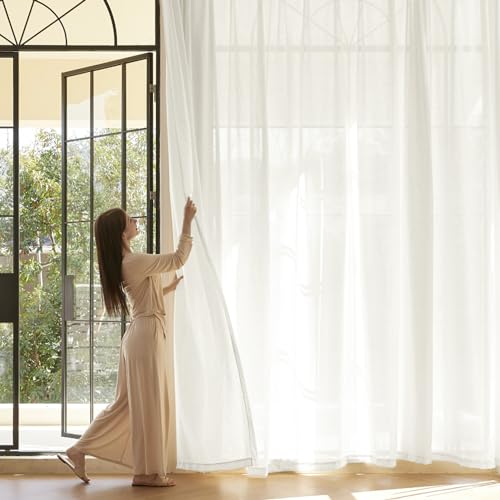 Image of Rutterllow 100 Inch Extra Wide Pinch Pleated Cotton Linen Curtains for Living Room 84 Inch Length, Farmhouse Light Filtering Privacy White Drapes, 1 Panel, Natural