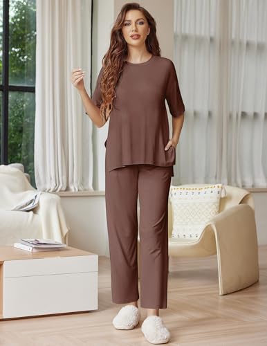 Image of Ekouaer Lounge Sets for Women Short Sleeve Tops and Long Pants Soft Comfy Pajamas Set 2 Piece Outfits