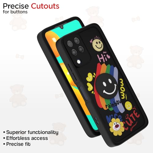Image of Pikkme Back Cover for Samsung Galaxy M32 4G / M32 Prime | Soft Silicone| Cute Rainbow Smile & 3D Cartoon Flower Design | Shockproof Raised Camera Protection Bumper Case (Black)