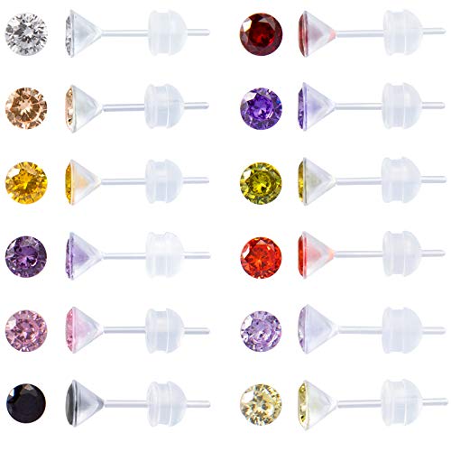 Lot de 12 paires de boucles d'oreilles en plastique pour oreilles sensibles, boucles d'oreilles en plastique pour femme, pierres de naissance, zircone cubique