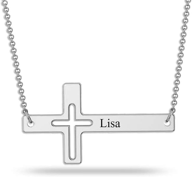 LeCalla Personalized Customized Engraved Name Cross Pendant Necklace for Women and Teen