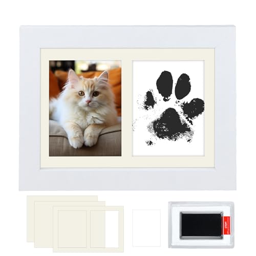 Marco Fotos Huellas Bebe Recien Nacidos, Kit Impresión de Huellas de Perro con Portafotos Madera con Almohadillas de Tinta y 2 Tarjetas de Impresión para Huellas Bebe Pie y Huellas de Mascotas