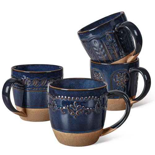 Artena Ceramic Coffee Mugs Set of 4, 16oz Embossed Large Latte Mugs Coffee Cups with Handle for Tea, Latte, Cappuccino & Cocoa, Milk Dishwasher & Microwave Safe, Blue (Multiple Patterns)