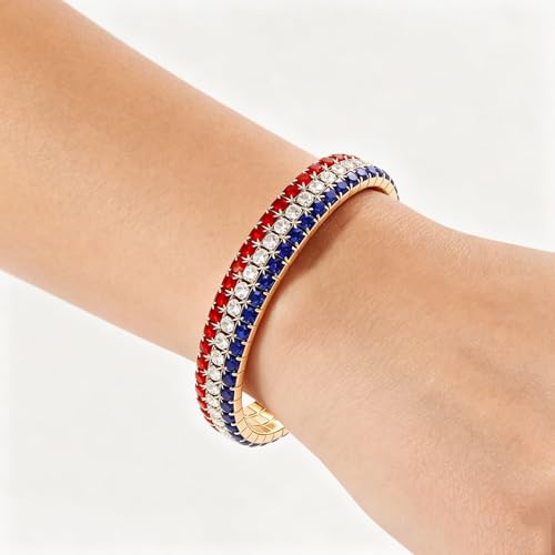 Image of Dreuyet American Flag Rhinestone Bracelet Red White Blue Crystal Patriotic 4th of July Shiny Decorations USA Independence Day Jewelry