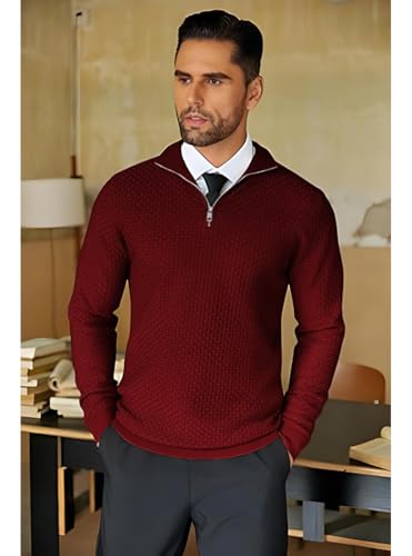 Image of TYSORT Men High Neck Zipper Full Sleeve Waffle Knitted Winter Sweater,Waffle Knit Sweater for Men