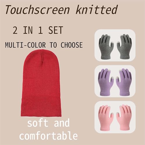 Winter Beanie Hat Gloves Set, Solid Color Soft Knitted Hat Warm Skull Cap Touchscreen Gloves 2 in 1 Set Unisex4