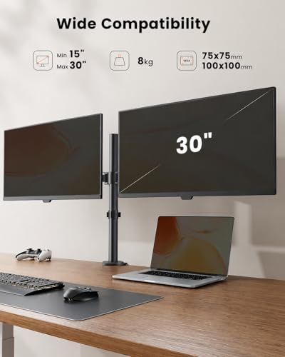 Image of STAR WORK Dual Black Arm Monitor Mount for 13-32 inch Screen, Heavy Duty Alloy Steel Stand, Full Motion 360 Rotate, Tilt & Swivel, Height Adjustable with Cable Clips (Dual Adjustable Black Monitor Arm)
